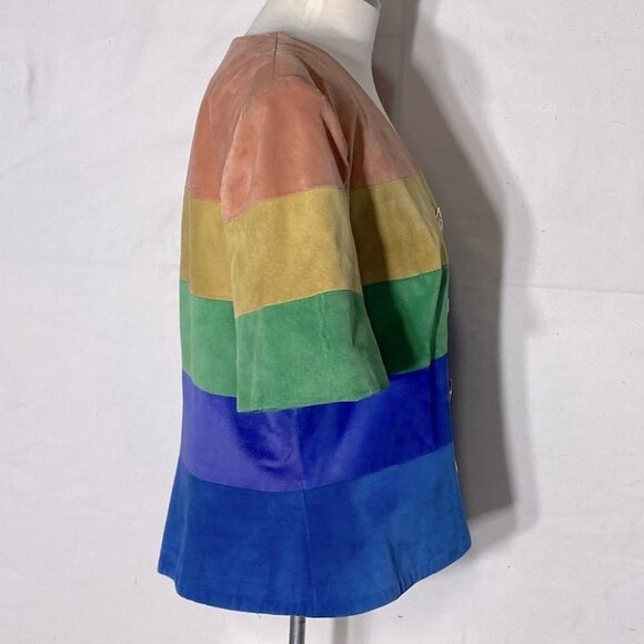 Danier Rainbow Stripe Suede Cropped Button Up Short Sleeve Jacket L - Picture 6 of 13